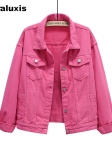 Kevad/S&uuml;gis Uus V&auml;rviline Suur Suurus Denim Jakk Naistele Valge Korea Stiil BF Pikk Varrukas Mantel Top Lilla 4XL pink