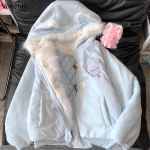 Jaapani Kawaii Lolita stiilis parkad naistele magusa multifilmikassi tikandiga vabaaja kapuutsiga mantel t&uuml;drukutele Y2k esteetika soe pl&uuml;&uuml;sjakk XS sinine