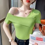 Moodne elegantne &otilde;lgadeta kootud pluusid ja s&auml;rgid, naiste seksikad topid &otilde;huke l&uuml;hikeste varrukatega T-s&auml;rk viltu kraega puuvillased pluusid 24841 S roheline