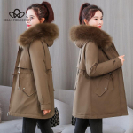 Puuvillase polsterdatud jope Naiste talvine parker vabaaja keskmise pikkusega Korea naiste soe lahtine suur karusnahast krae Puuvillase polsterdatud jope XXXL pruun