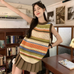 Rainbow pullover vest naiste triibuline &otilde;&otilde;nsa disainiga kootud vest naistele suvine avar sviiter pullover naiste topp One Size roheline