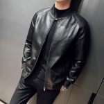 S&uuml;gis- ja talvine pl&uuml;&uuml;sist ja paksendatud PU-nahast jope Meeste pesapallikrae, lendav mootorratturi nahktagi Slim Fitting rattajope M