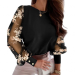 S&uuml;giskevadine naiste s&auml;rk, l&auml;bipaistev v&otilde;rk, &uuml;hev&auml;rviline &uuml;mmargune kaelus, lillede sisekujundus, pikkade varrukatega OL pendeldamise stiilis pullover Elegantne naiste pluus L must