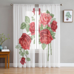 Punase roosi oksa lille l&auml;bipaistvad kardinad elutoa akna jaoks L&auml;bipaistev Voile t&uuml;llkardin Magamistoa kardinad Kodukaunistus 135W x 114H(cm)