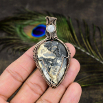 Natural Malinga Jasper, Moonstone Gemstone Copper Wire Wrap Pendant 2.88 v1m31