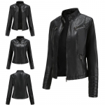 Naiste paks soe lukuga PU kapuutsiga mantel L&uuml;hike nahkjakk Biker-mantel Naiste nahktagi Naiste temperament p&uuml;stkrae PU-nahast M must