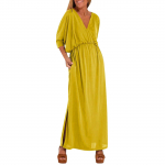 Naiste mood vaba l&otilde;ikega &uuml;hev&auml;rviline k&otilde;rge v&ouml;&ouml;kohaga l&otilde;hikuga V-kaelusega kleit XL kollane