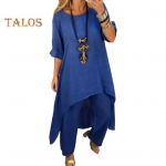 2 tk/komplekt Naiste &uuml;lap&uuml;kste komplekt &uuml;hev&auml;rviline O kaelus pikkade varrukatega keskmise pikkusega ebaregulaarne &auml;&auml;ris &uuml;laosa lai jalg elastne v&ouml;&ouml;koht lahtised p&uuml;ksid reisimiseks riided pluus XXXL kuninglik sinine v&auml;rv