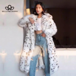 Talvine leopardimustriline karusnahk, &uuml;ks karusnahast mantel, naiste pikk &uuml;likond, krae imitatsioon, rebasekarvad, naaritsakasukas, vabaaja stiil, seksikas mantel S valge