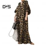 Lady Maxi Kleit Leopardprinteriga aluskrae Suure poole varrukatega Boheemlas stiilis vabaaja t&auml;ispikk s&uuml;gisene kevadkleit XL khaki