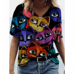 Naiste 3D kasside prindiga T-s&auml;rk Moodne naiste pluusid 2023 Naljakas Kawaii V-kaelusega T-s&auml;rk Naiste riided Suured suvetopsid T-s&auml;rk S