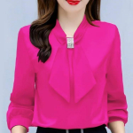 Kevadsuvine satiins&auml;rk naiste Korea moe l&auml;ikiv top Premium Bow V-kaelusega pikkade varrukatega s&auml;rk plusssuuruses XXL Heleroosa