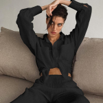 Muslin naiste pidžaamad puuvillased pikkade varrukatega 2-osalised komplektid Naiste vabaaja p&uuml;kskost&uuml;&uuml;mid kevadised magamisriided kodu&uuml;likond L must