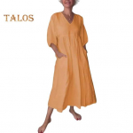 Naiste kleit A-l&otilde;ikeline V-kaelusega &uuml;hev&auml;rviline plisseeritud kolmveerandvarrukatega taskutega suvekleit igap&auml;evaseks, kohtinguteks, t&ouml;&ouml;les&otilde;iduks S must