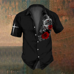 Retro Horror Rose Skull Print Summer Fashion Men's Party Wear Men's Short Sleeve Shirt Street Casual Trendy Oversized SIZE S-5XL M