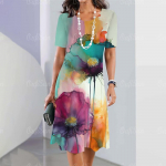 2024. aasta uued naiste kleidid lilledega tr&uuml;kitud suvised luksuslikud midikleidid Naiste l&uuml;hikeste varrukatega kleit Moodsad &uuml;lisuured riided S