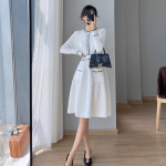 Korea &scaron;ikk s&uuml;gistalvine naiste A-jooneline kaelusega kleit, valge must kuduv Bodycon kleit Elegantne kontorinaise naiselik kootud kleit S valge