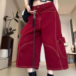 Punased mitmetaskulised naiste l&uuml;hikesed p&uuml;ksid Ameerika retro l&otilde;dvad naiste lastip&uuml;ksid k&otilde;rge v&ouml;&ouml;kohaga mitmek&uuml;lgsed suveriided XL punane