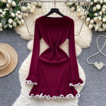 O-kaelus Temperamentne Kootud Naiste Kleit S&uuml;gis Uus Patchwork Ruffle Vestidos Kitsas V&ouml;&ouml;koht Bodycon Laiuv Varrukas Kleit One Size veinipunane v&auml;rv
