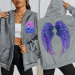 Lahe lilla loominguliste tiibade roosiprindiga naiste lukuga kapuutsiga pusa, moodne, vabaaja fliisist kapuutsiga pusa s&uuml;giseks, spordir&otilde;ivad 3XL