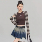 Naiste Patchwork Pullover Y2K Crop Tops Retro O kaelusega T-s&auml;rk &otilde;huke kootud pikkade varrukatega top S