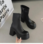 Uued Paksud Platvormiga Pahkluusaapad Naistele Vintage Suure Varbaga K&otilde;rged Kontsad L&uuml;hikesed Saapad Naine T&otilde;mblukuga Paks Konts PU Nahk Botas De Mujer 35 must