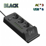 EL-i pistikuga pikendusjuhe juhtmevaba laadijaga &ndash; Mitme pistikupesa ja USB PD laadimispunkt juhtmevaba laadimisalusega AC*3+USB*6 must