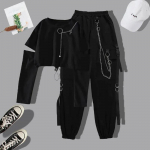Naised Cargo Streetwear Harajuku p&uuml;ksikett naistele kaheosalised komplektid p&uuml;ksid lukuga lint tasku Jogger elastsed k&otilde;rge v&ouml;&ouml;kohaga p&uuml;ksid M