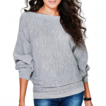 Naiste &uuml;hev&auml;rviline soonik, kootud nahkhiire varrukas O kaelus kudum lahtine pullover M valge