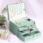 Naiste mitmekihiline ehtekarp &uuml;hev&auml;rviline suure mahutavusega k&otilde;rvar&otilde;ngad ja kaelakeed kaunistusega puidust hoiukarp 30*22*20cm roheline