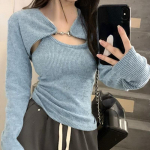 Y2K Korea mood roosa k&auml;rbitud kampsun, naiste Harajuku seksikas &otilde;huke kootud džemper Vintage vabaaja kampsun+vesti komplektid S sinine