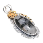 Natural Black Rutile Gemstone 925 Sterling Silver Two Tone Pendant 2.64 e3t77