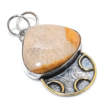 Natural Fossil Coral Gemstone 925 Sterling Silver Two Tone Pendant 2.05 z2t58