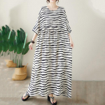 L&uuml;hikeste varrukatega Suures suuruses puuvillane vintage Stripe uus kleit naistele vaba vaba pikk suvekleit