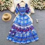 Naiste kutsekleit, kandiline krae, puhvis varrukas, tr&uuml;kkimine &scaron;ifoonist kleidid A-line voldid, veniv Vestidos Mujer suvine dropship One Size sinine