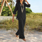 Naiste linane kaheosaline &uuml;likond, linane &uuml;likond, p&uuml;ksid ja pikkade varrukatega s&auml;rgid. Suurem&otilde;&otilde;tmeline vabaaja p&uuml;kskost&uuml;&uuml;m V-kaelusega linane pluus avar linane p&uuml;ksid XXXL must