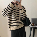 S&uuml;gis- ja talvine naiste kampsun Retro p&otilde;rkuvad triibud kapuutsiga kudum Lahtine pullover Pehme kampsun pikkade varrukatega kudum One Size aprikoosi