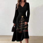 Naiste s&uuml;gis- ja talvine vabaajamoodne V-kaelusega pikkade varrukatega pikk kleit S