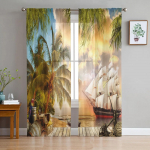 Troopiline lehtla piraadilaev plank t&uuml;ll-aknakardinad elutuba organza l&auml;bipaistev Voile kardin Magamistuba k&ouml;&ouml;k Kodukaunistus kardin W135 x H115cm x1&Rod Pocket