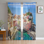 Itaalia kalurik&uuml;la meremaja maastik Sifoonist l&auml;bipaistvad kardinad elutuppa Magamistoa sisekujunduse aken Voile t&uuml;llkardinad W135 x H114cm