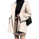 S&uuml;gistalvine naiste mantel lahtine paksendatud soe &uuml;hev&auml;rviline avar pikkade varrukatega avatud &otilde;mblusega taskud keskmise pikkusega kapuutsiga naiste mantel S beež