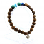Pierres et Min&eacute;raux. Bracelet Perles Malachite du Congo + Agate ruban&eacute;e bleu + bois 8 mm. Fabriqu&eacute; en France.