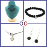 Pierres et Min&eacute;raux. Parure Bracelet Collier Boucles D'oreilles Pendantes 10 perles Lave 8 Taille personnalisable.