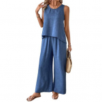 Naiste Kaheosaline Vabaaja Komplekt Suvine Varrukateta &Otilde;&otilde;nsa Selja Top Laiade S&auml;&auml;rtega P&uuml;kste Komplekt Vabaaja Puhkuse Reisi Riietus S sinine