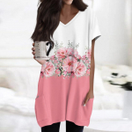 Naiste topid V-kaelusega l&uuml;hikeste varrukatega pluusid vabaaja keskmise pikkusega s&auml;rgid Moodsad tr&uuml;kised taskutega tuunikatopid XXXL