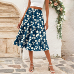 Naiste vabaaja k&otilde;rge v&ouml;&ouml;kohaga A-l&otilde;ikeline seelik t&auml;piline triibuline tr&uuml;kitud seelik taskutega L sinine