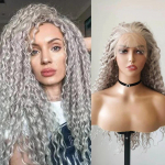 Hall, pikk krussis lokk s&uuml;nteetiline parukas S&uuml;gav lokk laineline soojuskiud naturaalne juuksepiir, pits eesmised parukad igap&auml;evaseks meigiks kasutamiseks juustele 18inches-Lace Front-150% hall