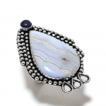 Blue Lace Agate, Lapis Handmade 925 Sterling Silver Ring Size 7 h3t55