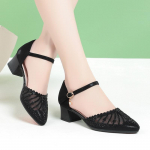 Women Closed Toe Sandals Women's Hollow Flat Mid Heel Women's Chunky Heel PU Leather Shoes Hollow Mesh Soft Bottom Mom Shoes 39