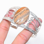Natural Picture Jasper Gemstone 925 Sterling Silver Cuff Bangle Adjustable e4i08